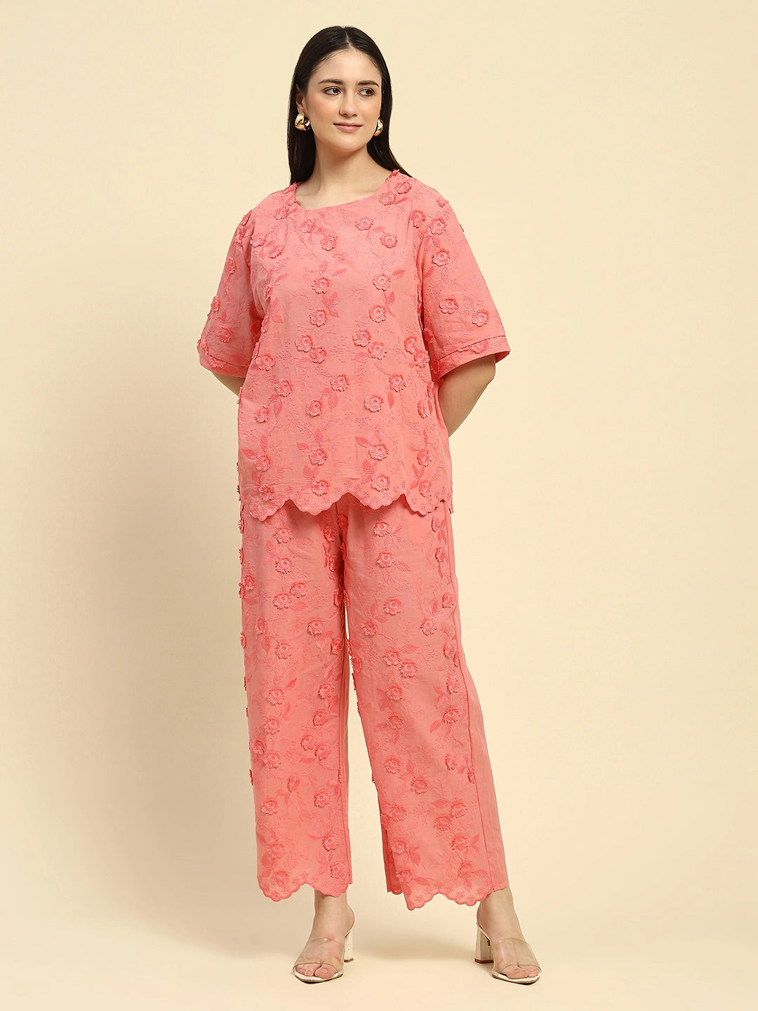 Pink Embroidered Cotton Loose Fit Night Suit