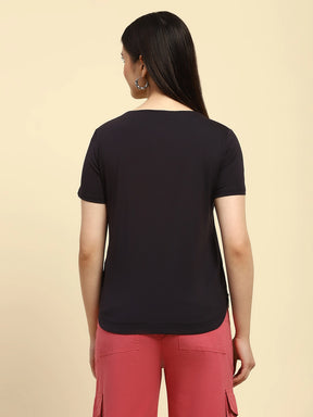 Navy Embroidered Cotton Relaxed Fit Top