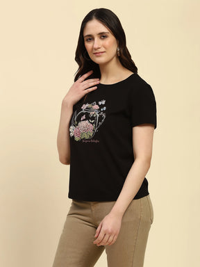 Black Embroidered Modal Blend Relaxed Fit Top