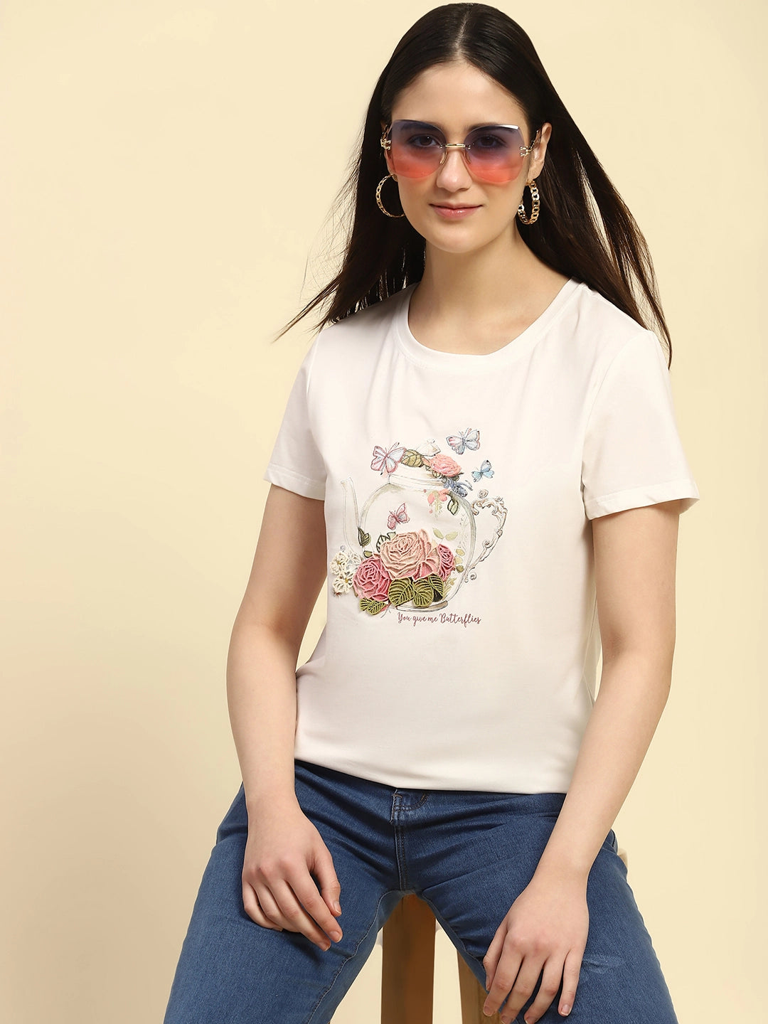 White Embroidered Modal Blend Relaxed Fit Top