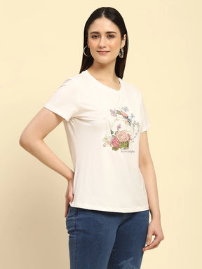 White Embroidered Modal Blend Relaxed Fit Top