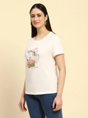 White Embroidered Modal Blend Relaxed Fit Top