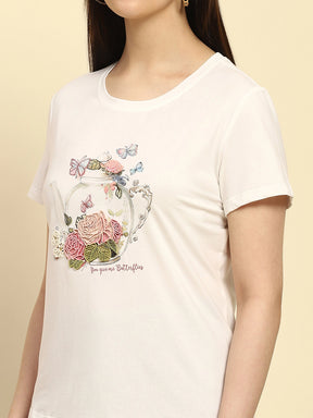 White Embroidered Modal Blend Relaxed Fit Top