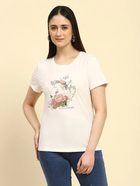 White Embroidered Modal Blend Relaxed Fit Top