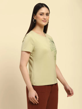 Green Embroidered Modal Blend Relaxed Fit Top