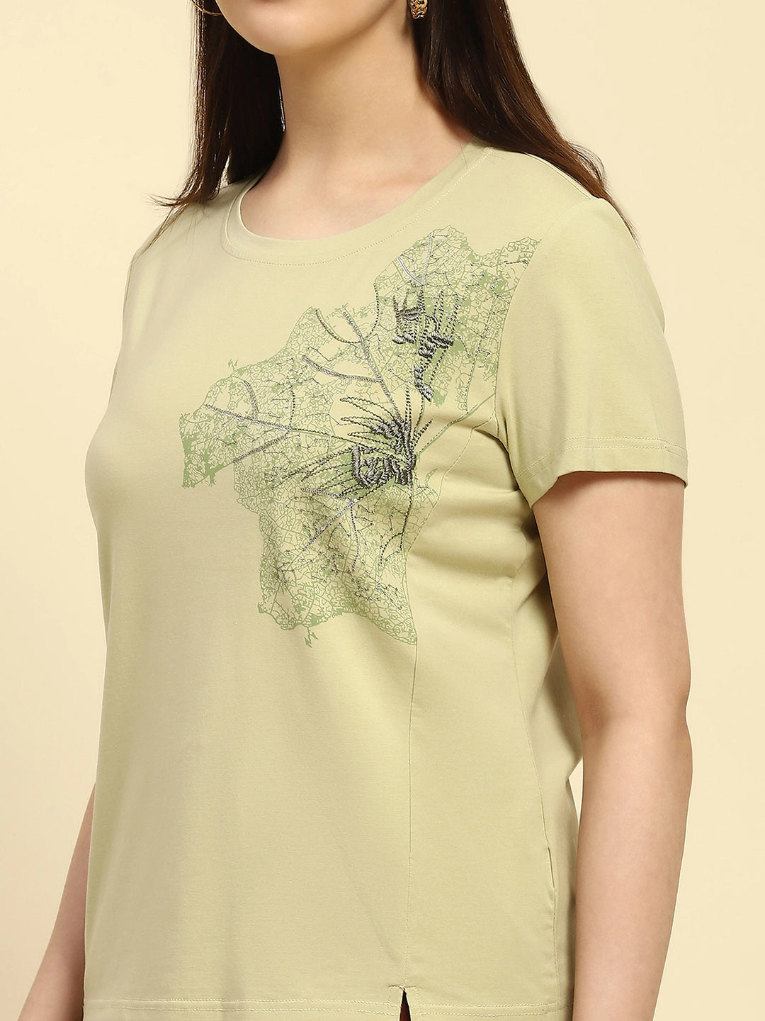 Green Embroidered Modal Blend Relaxed Fit Top