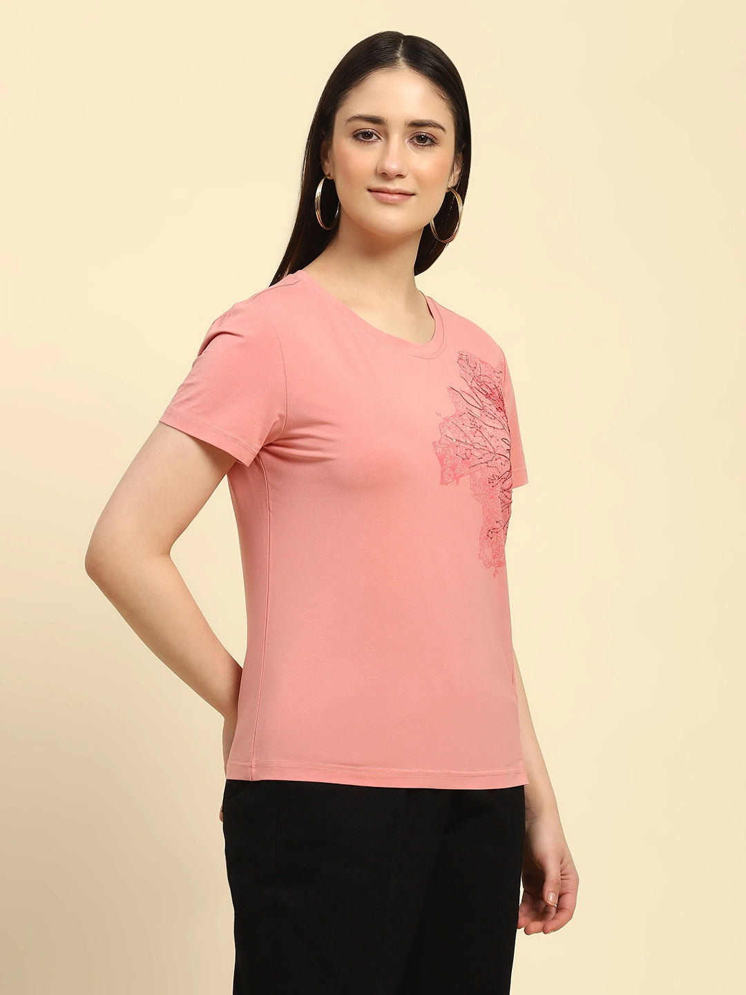 Pink Embroidered Modal Blend Relaxed Fit Top