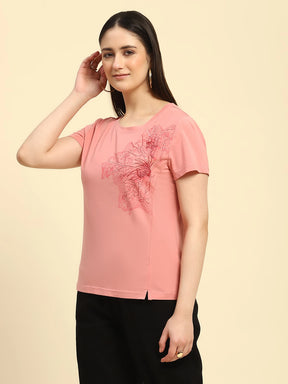 Pink Embroidered Modal Blend Relaxed Fit Top