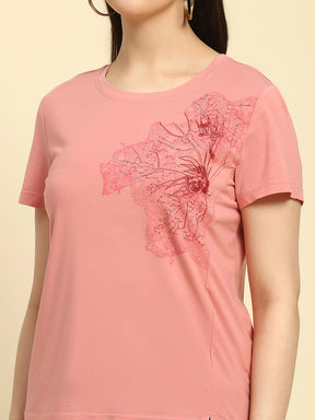 Pink Embroidered Modal Blend Relaxed Fit Top