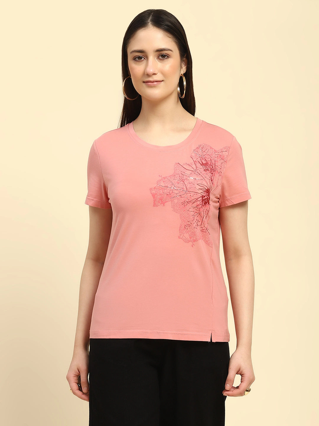 Pink Embroidered Modal Blend Relaxed Fit Top