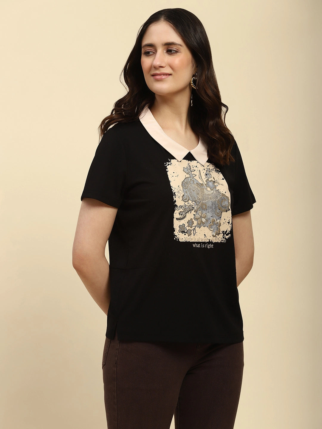 Black Graphic Fine Embroidered Motivational Quote Viscose Blend Top