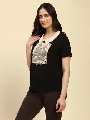 Black Graphic Fine Embroidered Motivational Quote Viscose Blend Top