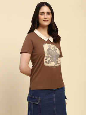 Brown Graphic Fine Embroidered Motivational Quote Viscose Blend Top