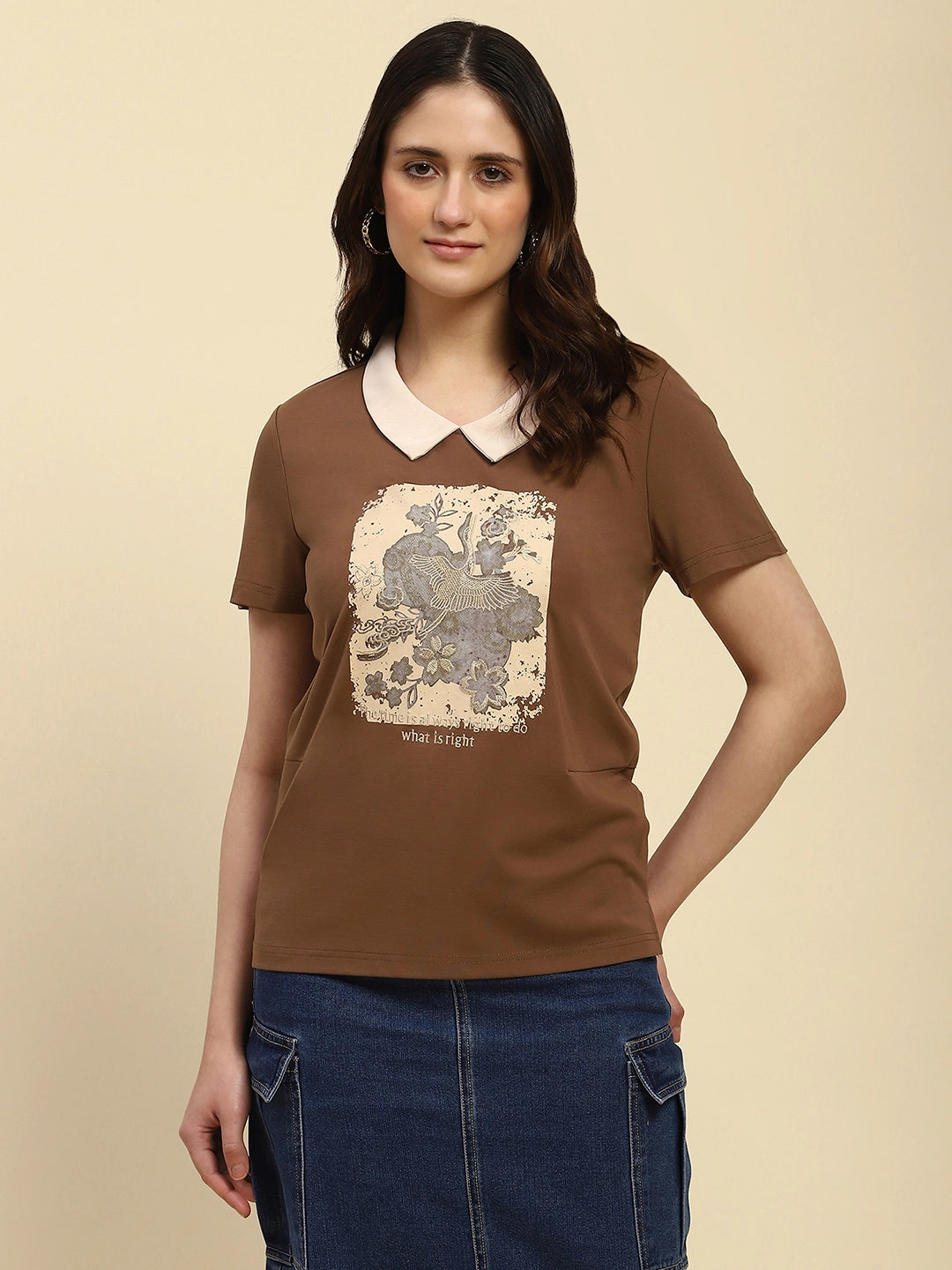 Brown Graphic Fine Embroidered Motivational Quote Viscose Blend Top