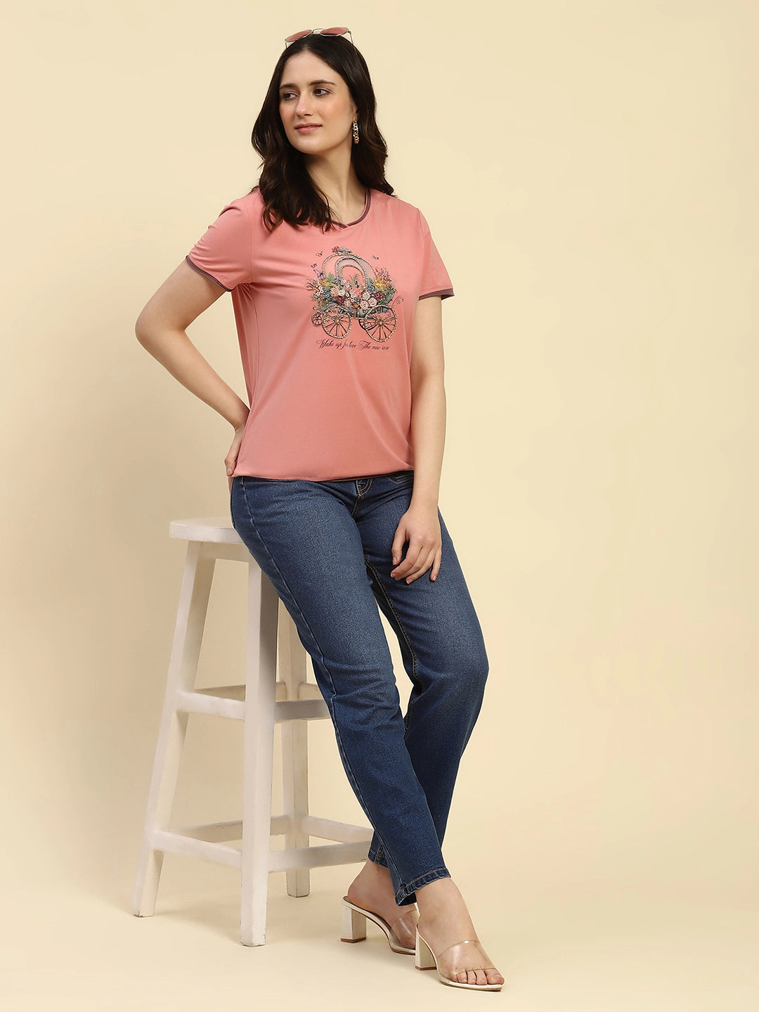 Pink Embroidered Modal Blend Relaxed Fit Top