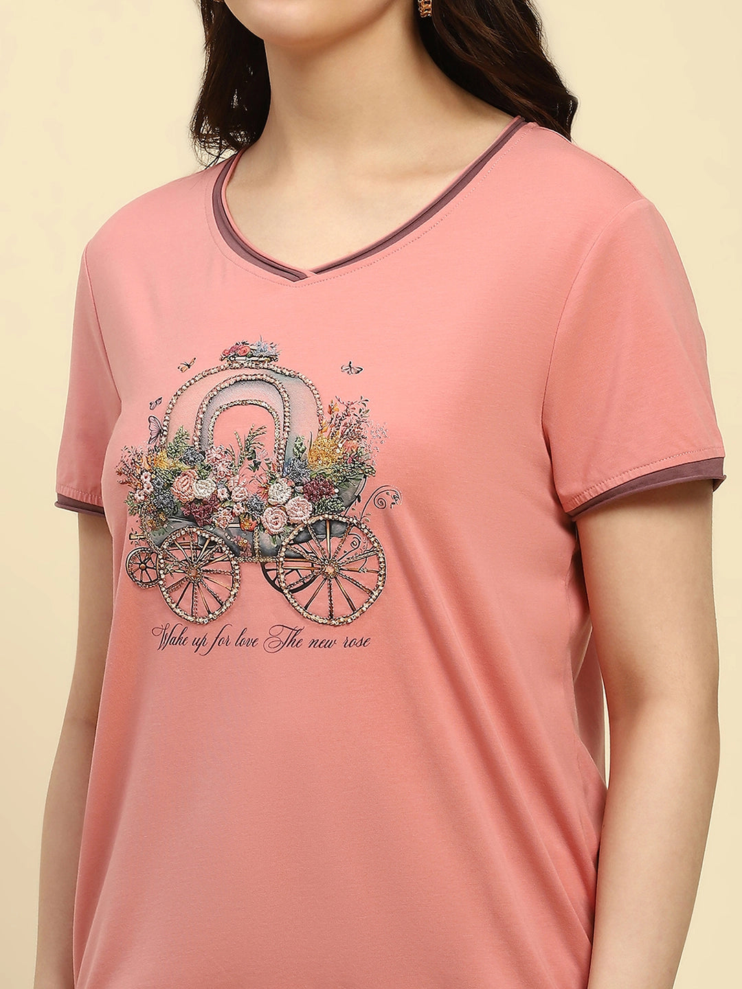 Pink Embroidered Modal Blend Relaxed Fit Top