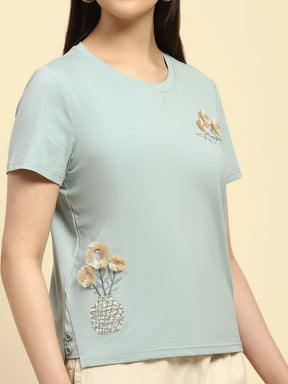 Dusty Blue Embroidered Cotton Relaxed Fit Top