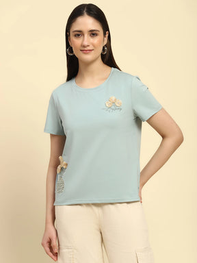 Dusty Blue Embroidered Cotton Relaxed Fit Top