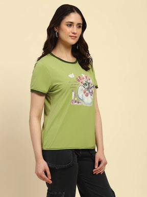 Green Embroidered Modal Blend Relaxed Fit Top