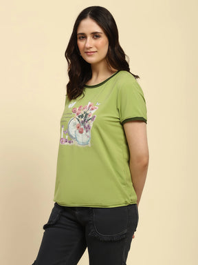 Green Embroidered Modal Blend Relaxed Fit Top