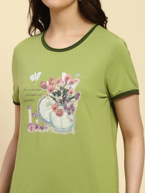 Green Embroidered Modal Blend Relaxed Fit Top