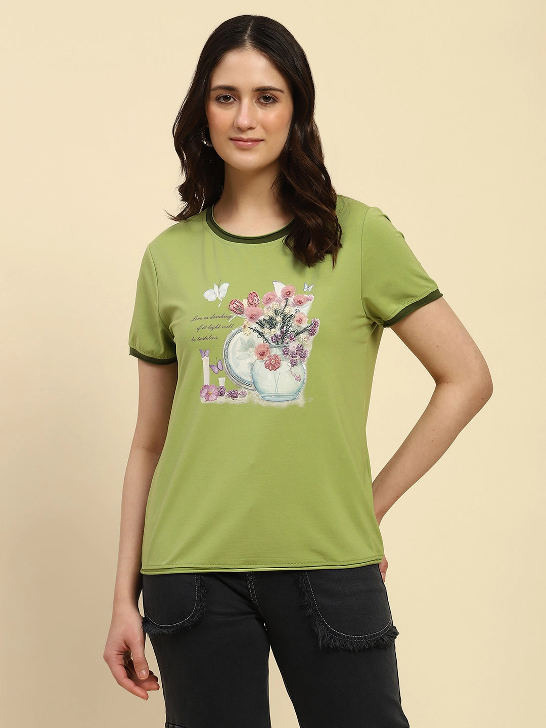 Green Embroidered Modal Blend Relaxed Fit Top