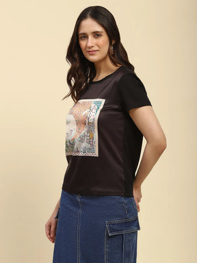 Black Graphic Print Modal Blend Relaxed Fit Top