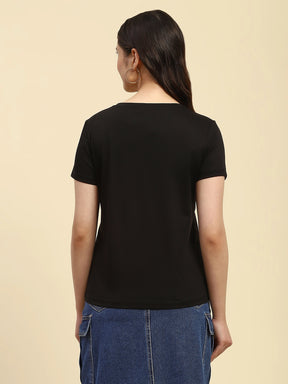 Black Graphic Print Modal Blend Relaxed Fit Top