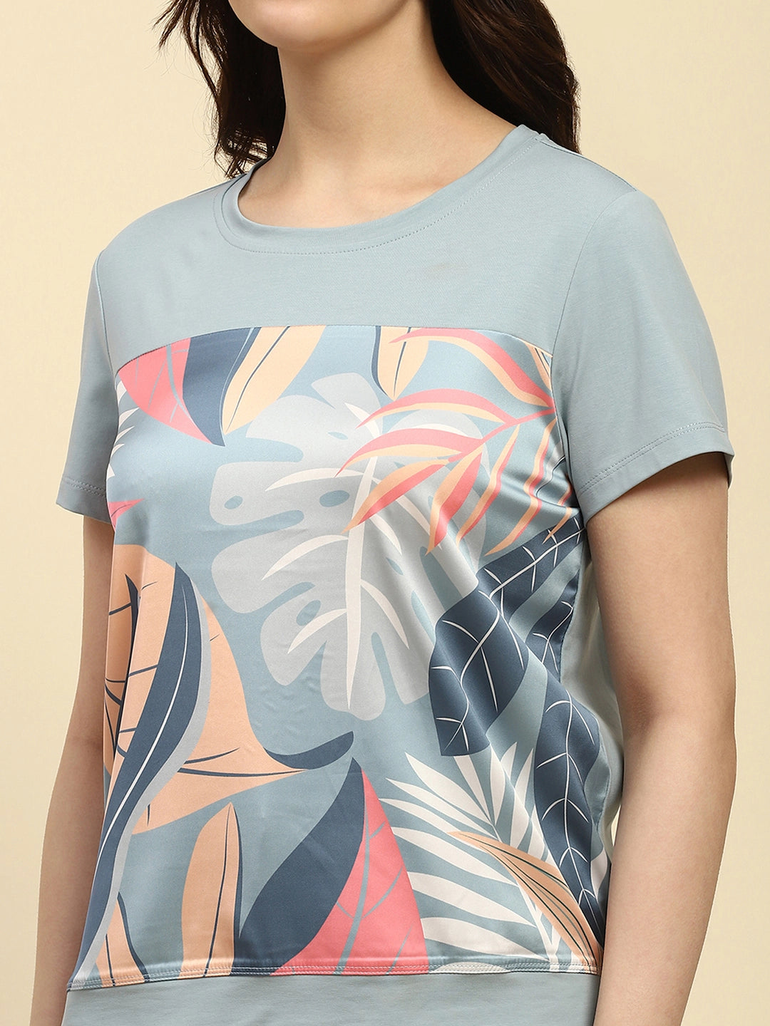 Dusty Blue Graphic Print Cotton Blend Relaxed Fit Top