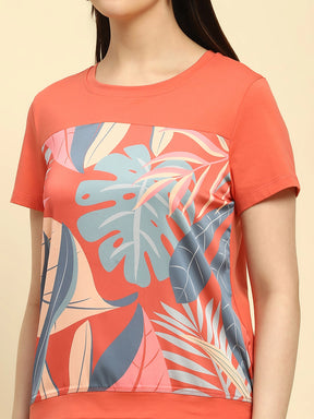 Orange Graphic Print Cotton Blend Relaxed Fit Top