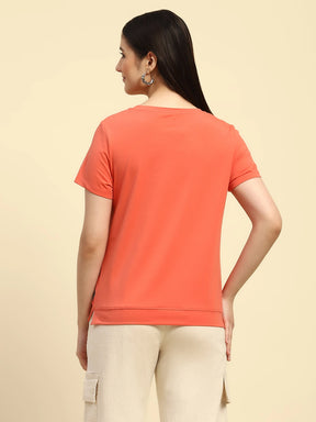 Orange Graphic Print Cotton Blend Relaxed Fit Top