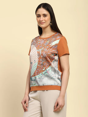 Brown Graphic Print Cotton Relaxed Fit Top