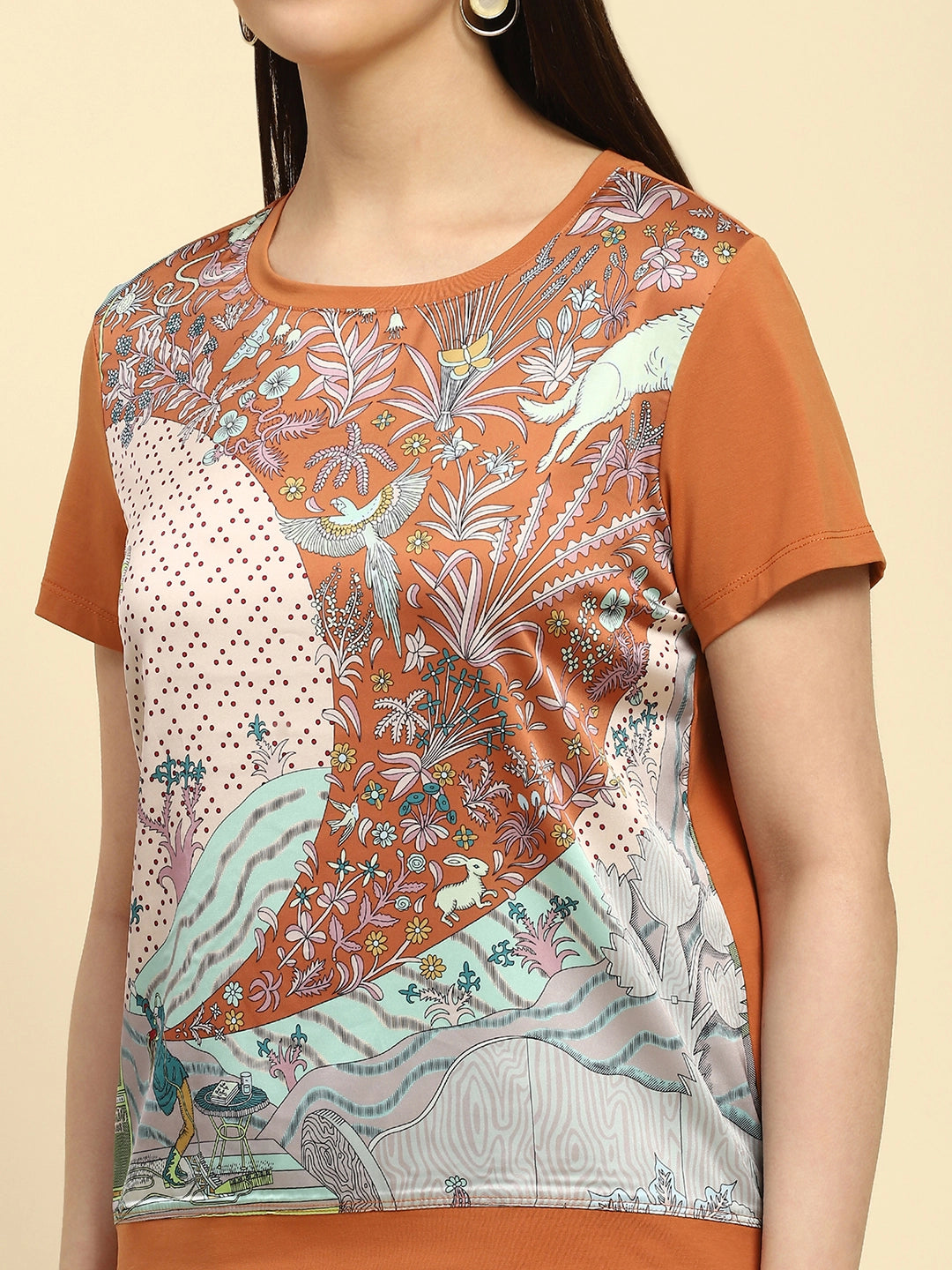 Brown Graphic Print Cotton Relaxed Fit Top