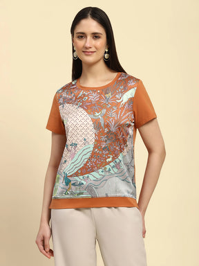 Brown Graphic Print Cotton Relaxed Fit Top