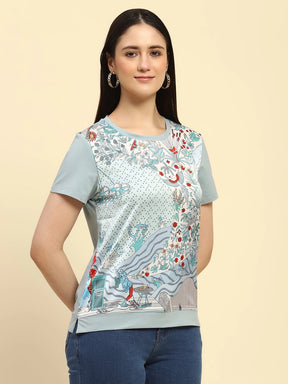 Dusty Blue Graphic Print Cotton Relaxed Fit Top