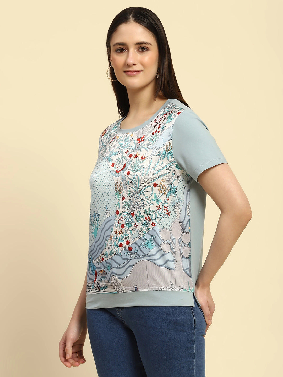 Dusty Blue Graphic Print Cotton Relaxed Fit Top