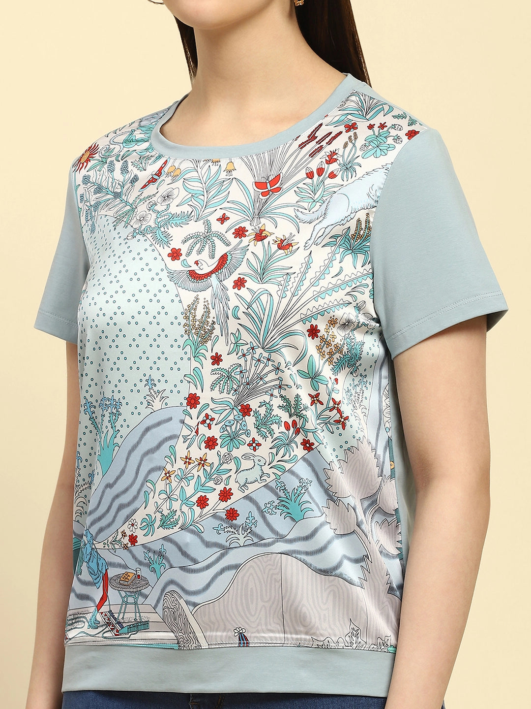 Dusty Blue Graphic Print Cotton Relaxed Fit Top