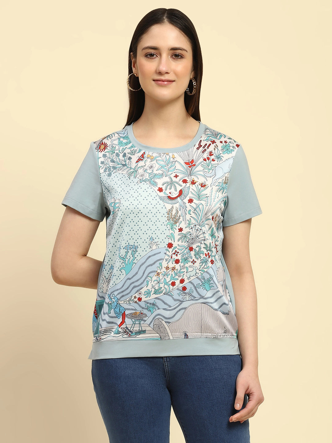 Dusty Blue Graphic Print Cotton Relaxed Fit Top