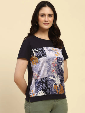 Navy Graphic Print Cotton Relaxed Fit Top