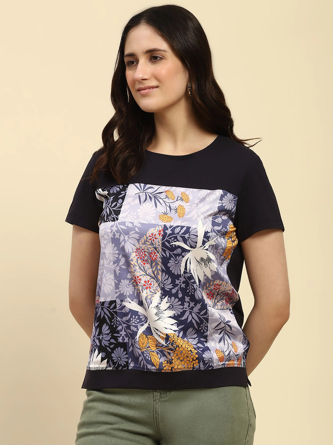 Navy Graphic Print Cotton Relaxed Fit Top