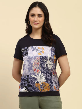 Navy Graphic Print Cotton Relaxed Fit Top