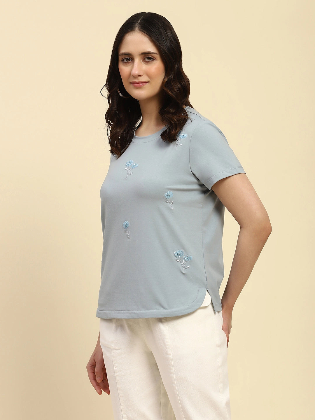 Dusty Blue Embroidered Cotton Relaxed Fit Top