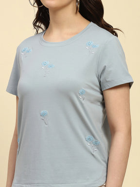 Dusty Blue Embroidered Cotton Relaxed Fit Top