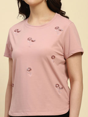 Dusty Pink Embroidered Cotton Relaxed Fit Top