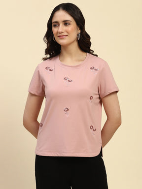 Dusty Pink Embroidered Cotton Relaxed Fit Top