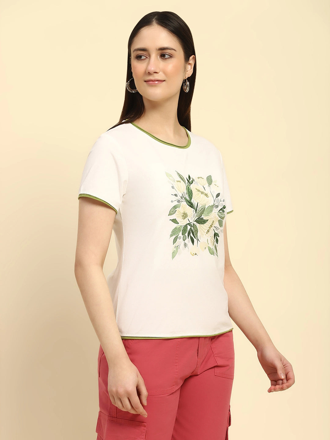 Cream Embroidered Cotton Relaxed Fit Top