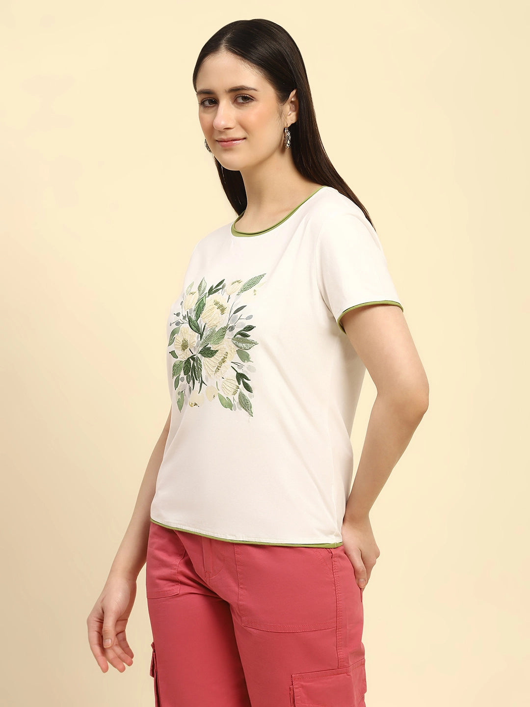 Cream Embroidered Cotton Relaxed Fit Top