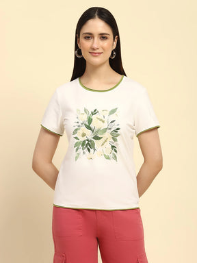 Cream Embroidered Cotton Relaxed Fit Top