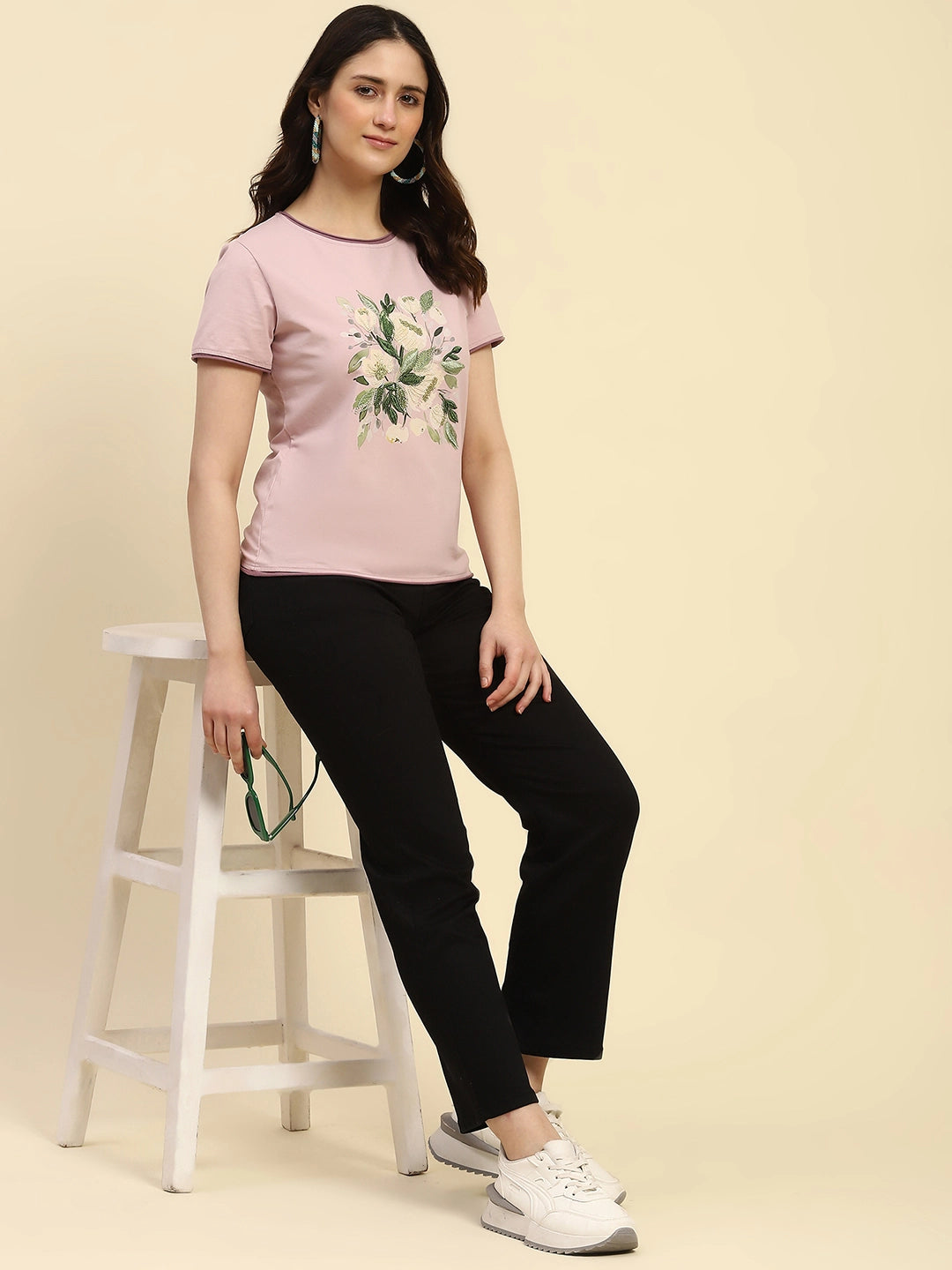 Mauve Embroidered Cotton Relaxed Fit Top