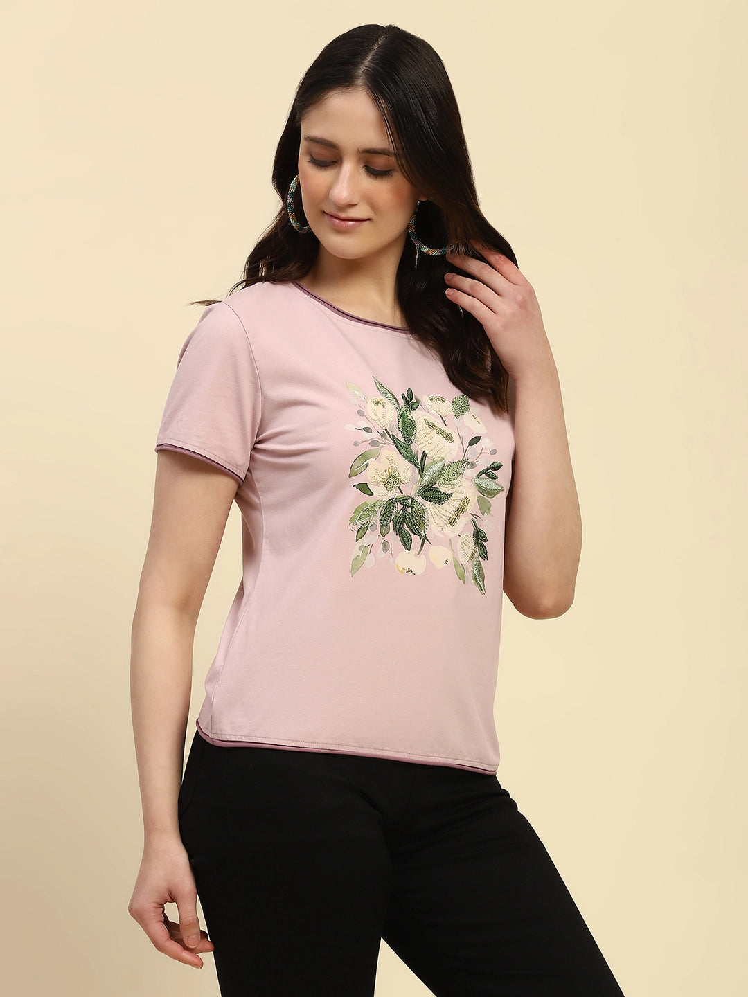 Mauve Embroidered Cotton Relaxed Fit Top